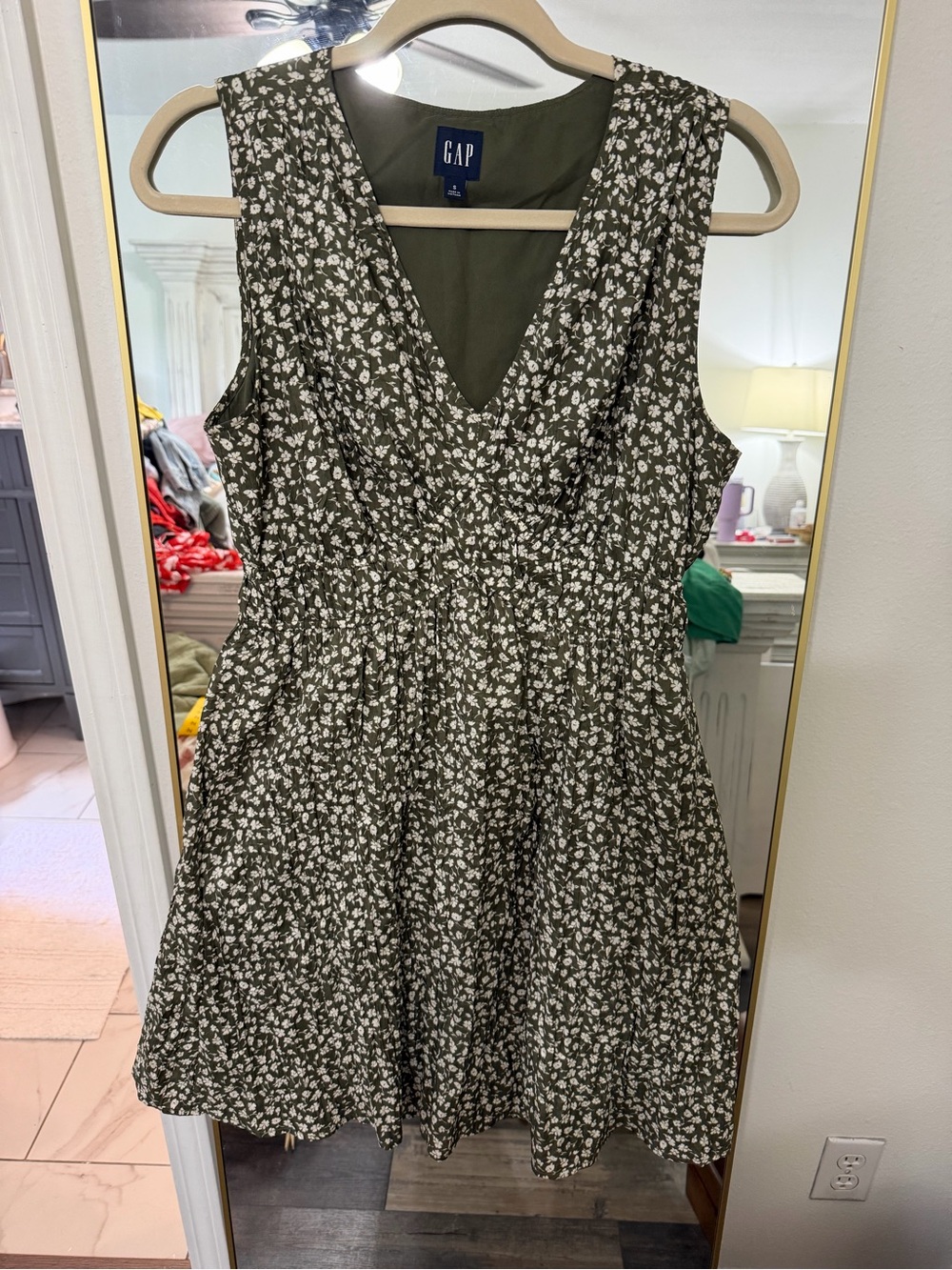 GAP Olive Green Floral V-Neck Mini Dress